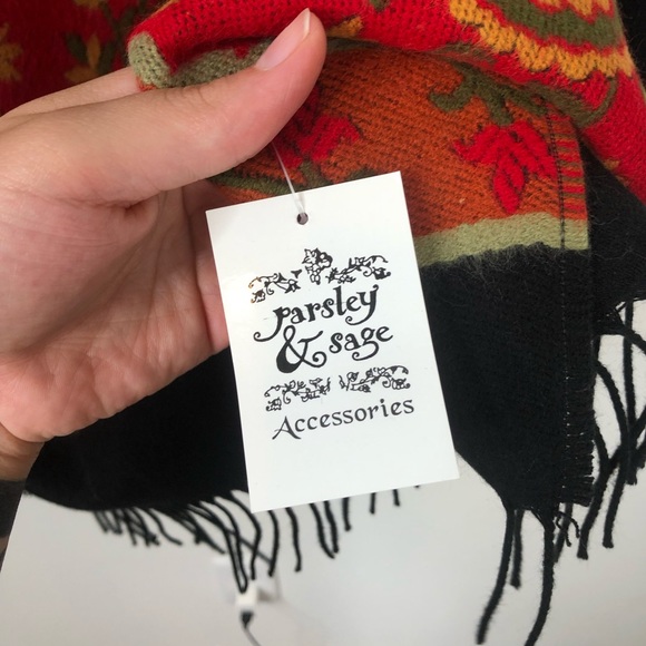 Parsley & Sage black shawl cape scarf fringe floral color block bohemian autumn - Picture 6 of 8